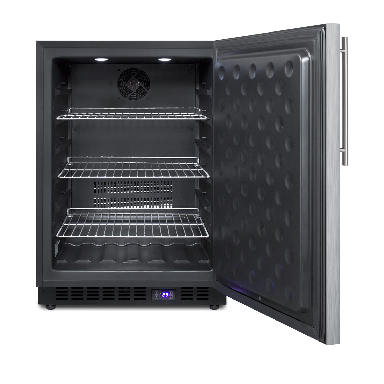 Frost-free outdoor all-freezer in complete stainless steel, w/digital thermostat, LED lighting, thin handle, and lock; built-in or freestanding